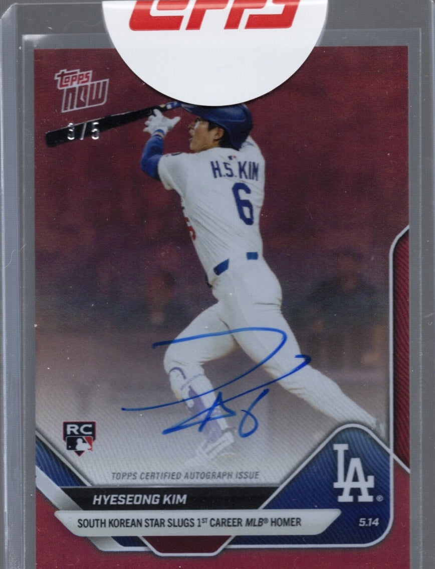 2025 Topps Now Hyeseong Kim #182B Red Auto /5 Los Angeles Dodgers Rookie RC Baseball Card