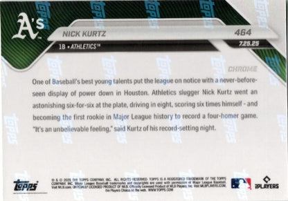 2025 Topps Now Nick Kurtz #464 Green Chrome /99 Athletics Rookie RC Baseball Card