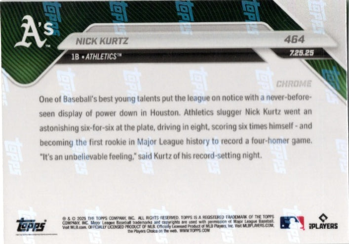2025 Topps Now Nick Kurtz #464 Gold Refractor /50 Athletics Rookie RC Baseball Card