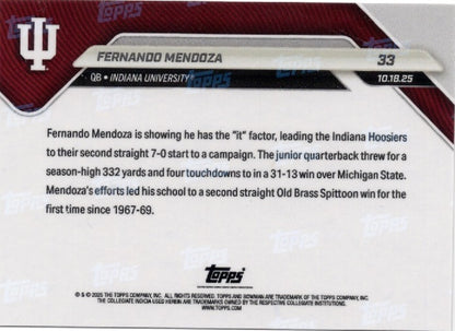 2025 Topps Bowman U Now Fernando Mendoza #33 Gold Foil /50 Indiana Hoosiers Rookie RC Football Card