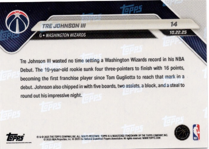 2025 Topps Now Tre Johnson #14 Orange Foil /25 Washington Wizards Rookie RC Basketball Card