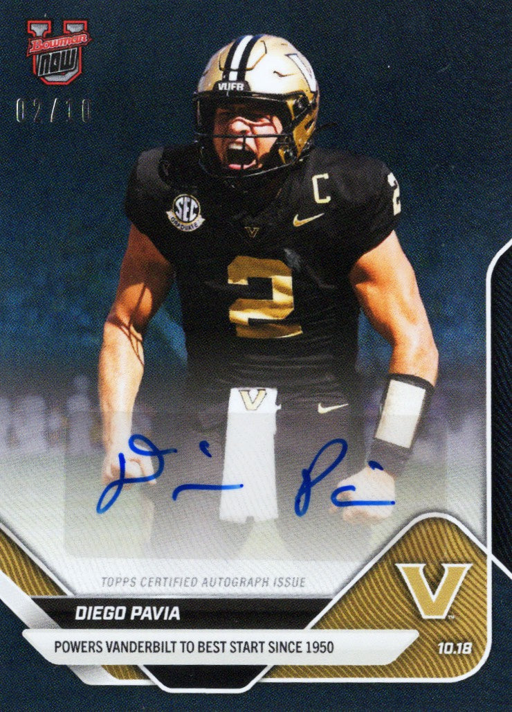2025 Topps Bowman U Now Diego Pavia #31A Black Auto /10 Vanderbilt Commodores Rookie RC Football Card