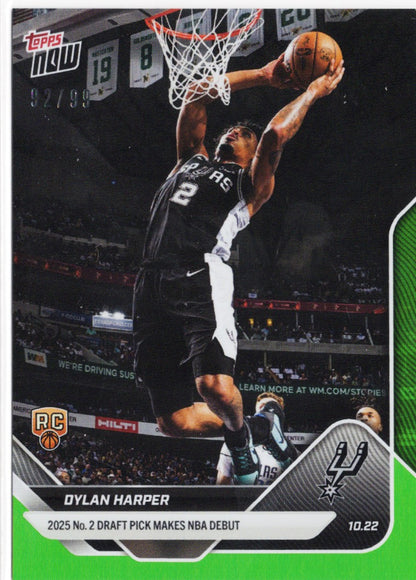 2025 Topps Now Dylan Harper #7 Green Foil /99 San Antonio Spurs Rookie RC Basketball Card