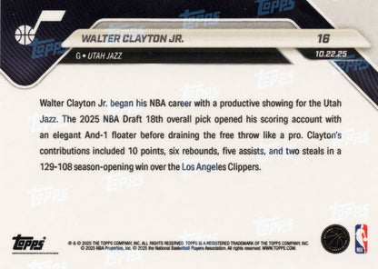 2025 Topps Now Walter Clayton Jr #16 Orange Foil /25 Utah Jazz Rookie RC Basketball Card