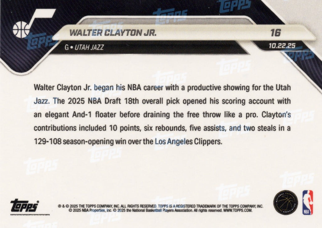 2025 Topps Now Walter Clayton Jr #16 Black Foil /10 Utah Jazz Rookie RC Basketball Card