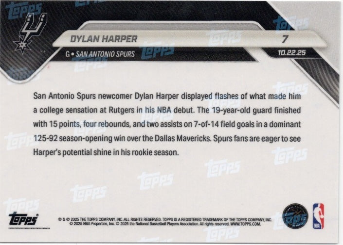 2025 Topps Now Dylan Harper #7 Green Foil /99 San Antonio Spurs Rookie RC Basketball Card