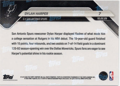 2025 Topps Now Dylan Harper #7 Green Foil /99 San Antonio Spurs Rookie RC Basketball Card