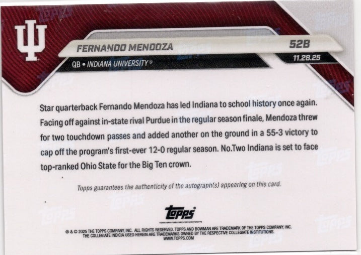 2025 Topps Bowman U Now Fernando Mendoza #52B Red Auto /5 Indiana Hoosiers Rookie RC Football Card