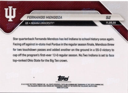 2025 Topps Bowman U Now Fernando Mendoza #52 FoilFractor 1/1 Indiana Hoosiers Rookie RC Football Card