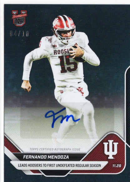 2025 Topps Bowman U Now Fernando Mendoza #52A Black Auto /10 Indiana Hoosiers Rookie RC Football Card