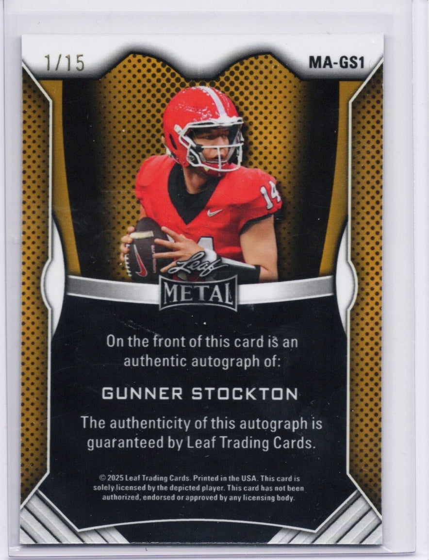2025 Leaf Metal Gunner Stockton #MAGS1 Green Ice Auto /15 Georgia Bulldogs Rookie RC Football Card