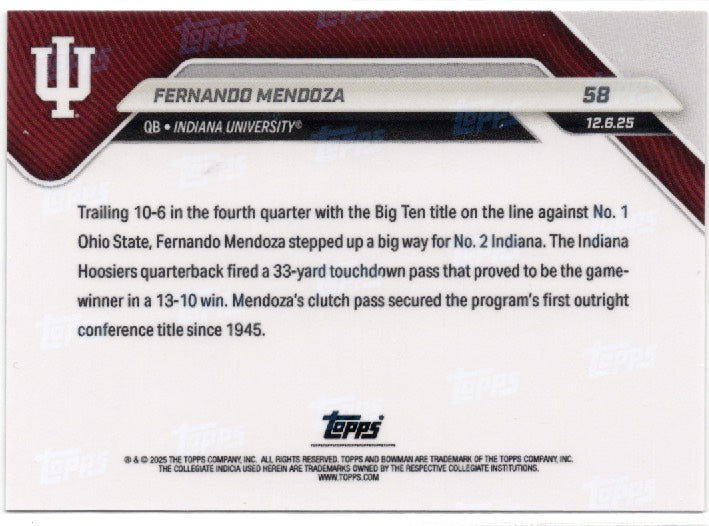 2025 Topps Bowman U Now Fernando Mendoza #58 Gold Foil /50 Indiana Hoosiers Rookie RC Football Card