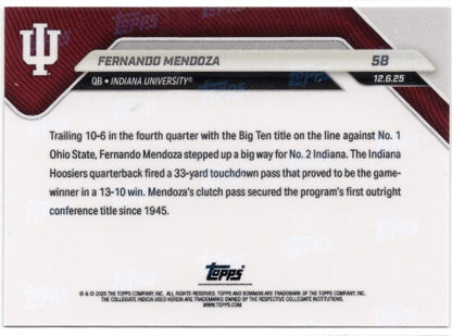 2025 Topps Bowman U Now Fernando Mendoza #58 Orange Foil /25 Indiana Hoosiers Rookie RC Football Card