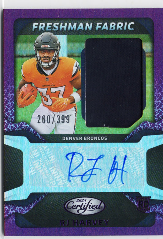 2025 Panini Certified RJ Harvey #FBCRHY Freshman Fabric Patch Purple Auto /399 Denver Broncos RC Rookie Football Card