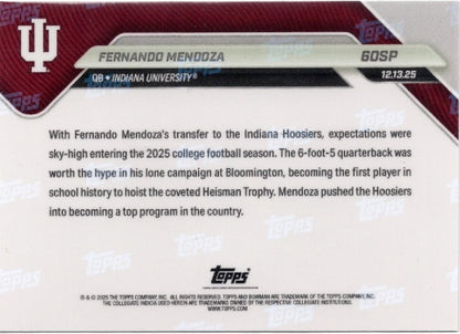 2025 Topps Bowman U Now Fernando Mendoza #60SP Indiana Hoosiers Rookie RC Football Card