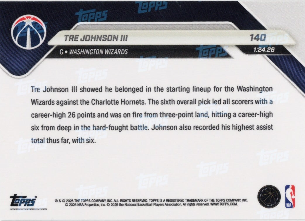 2025 Topps Now Tre Johnson #140 Orange Foil /25 Washington Wizards Rookie RC Basketball Card