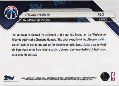 2025 Topps Now Tre Johnson #140 Orange Foil /25 Washington Wizards Rookie RC Basketball Card