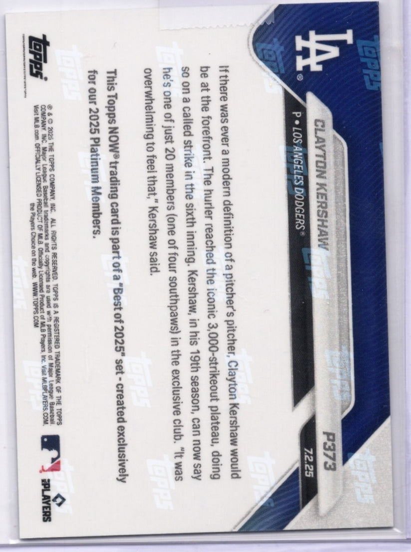 2025 Topps Now Clayton Kershaw #P373 Platinum Member Los Angeles Dodgers Baseball Card