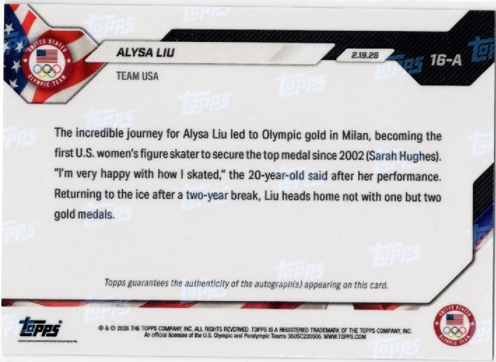 2026 Topps Now Olympics Alysa Liu #16A Foilfractor Auto 1/1 Team USA Figure Skating Card