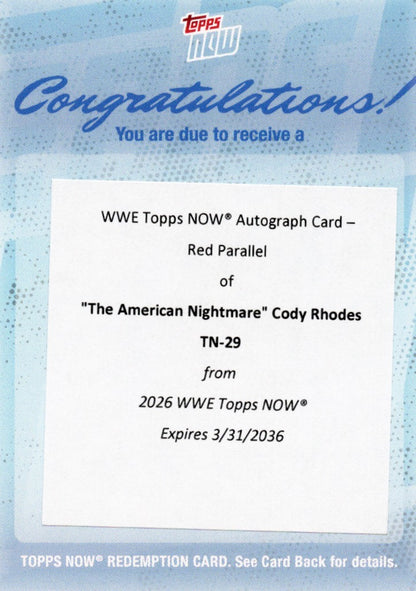 2026 Topps Now WWE Cody Rhodes #29 Red Auto /5 Redemption Wrestling Card