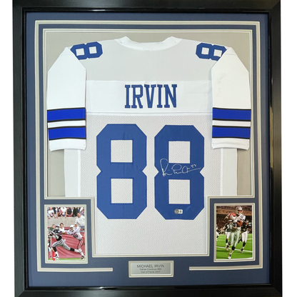 Framed Autographed/Signed Michael Irvin 35x39 Dallas White Football Jersey Beckett BAS COA