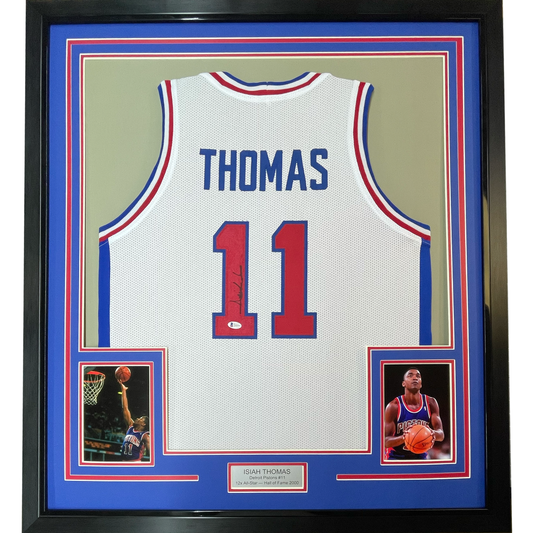 Framed Autographed/Signed Isiah Thomas 35x39 Detroit White Basketball Jersey Beckett BAS COA