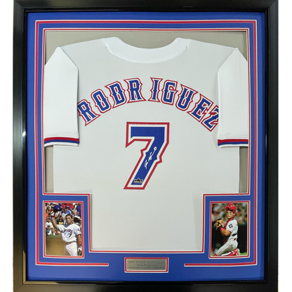 Framed Facsimile Autographed Ivan Rodriguez Pudge 35x39 Texas White Reprint Laser Auto Baseball Jersey