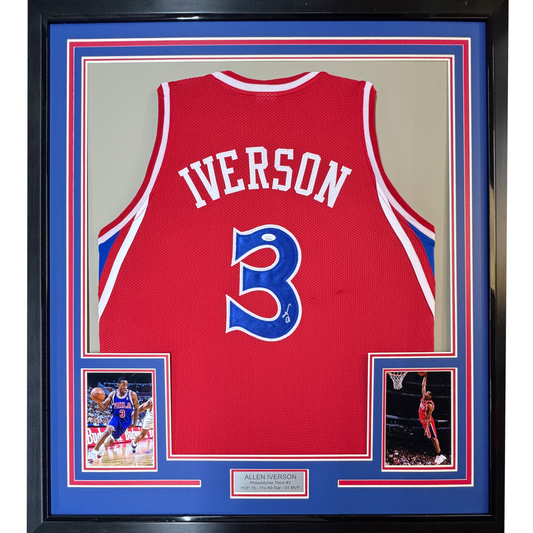 Framed Autographed/Signed Allen Iverson 35x39 Philadelphia Red Basketball Jersey JSA COA