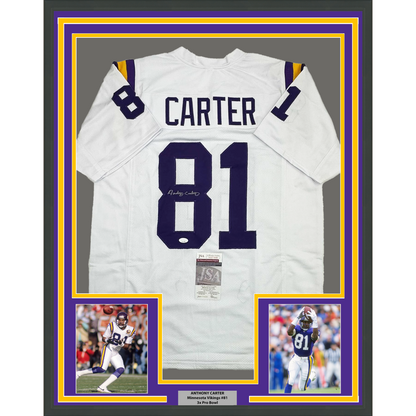 Framed Autographed/Signed Anthony Carter 35x39 Minnesota White Football Jersey JSA COA