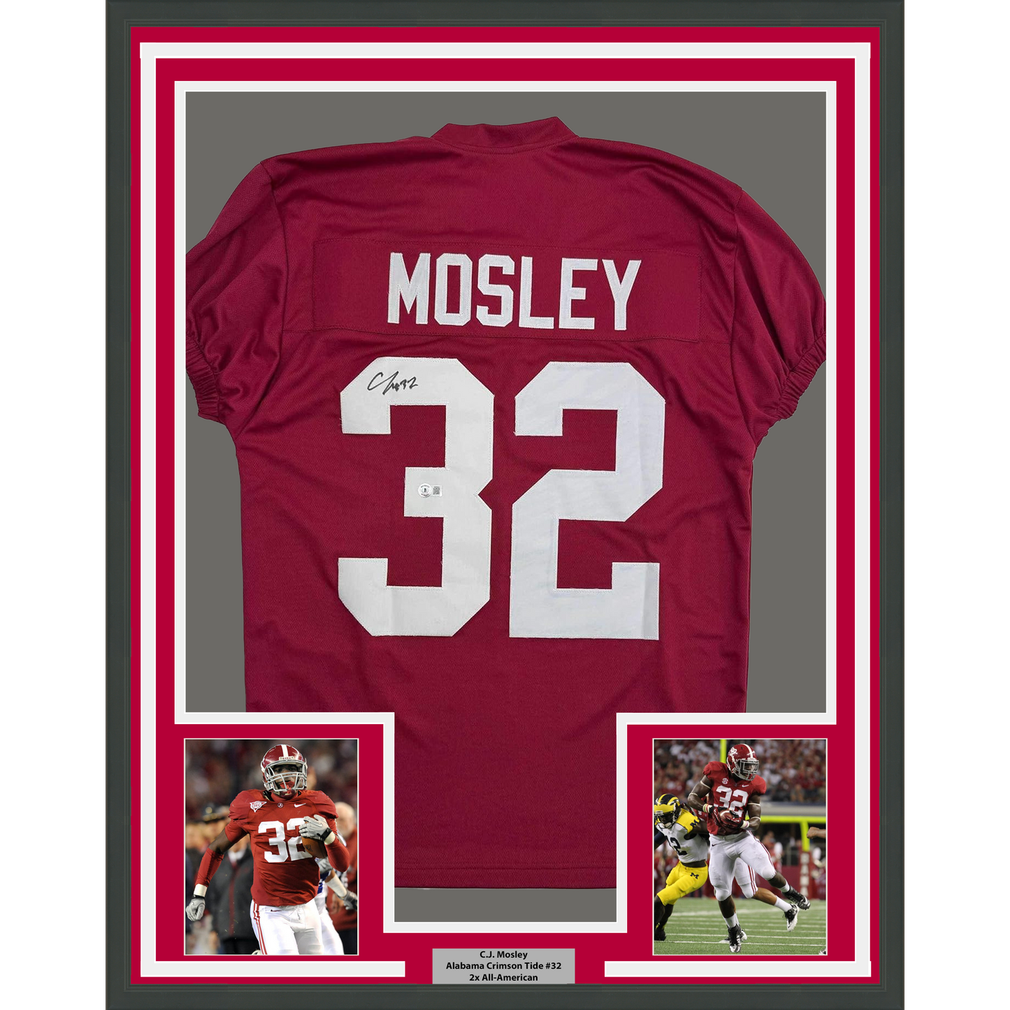 Framed Autographed/Signed C.J. CJ 35x39 Mosley Alabama Red College Football Jersey Beckett BAS COA