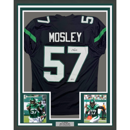 Framed Autographed/Signed CJ C.J. Mosley 35x39 New York Black Football Jersey Beckett BAS COA