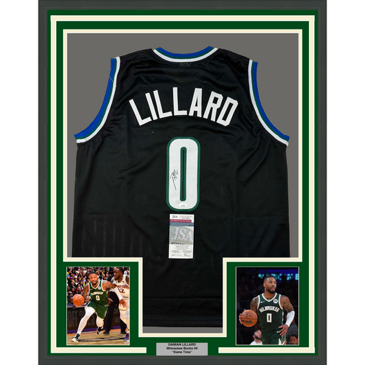 Framed Autographed/Signed Damian Lillard 35x39 Milwaukee Black Basketball Jersey JSA COA
