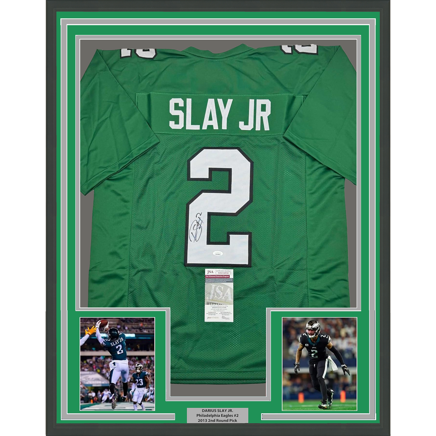 Framed Autographed/Signed Darius Slay Jr. 35x39 Philadelphia Kelly Green Football Jersey JSA COA