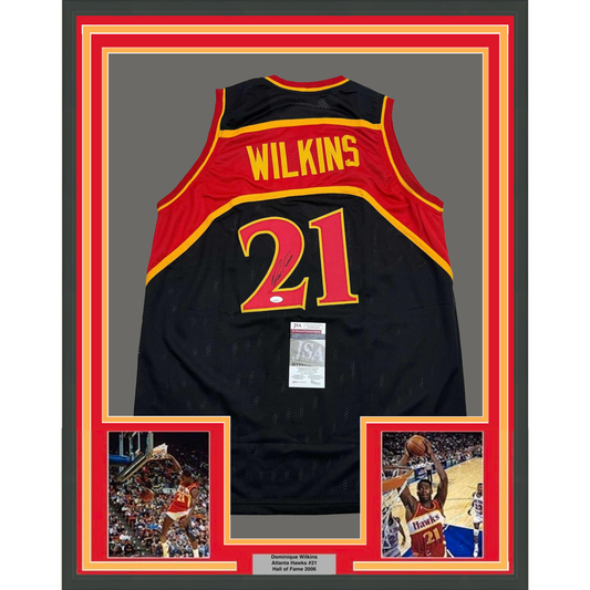 Framed Autographed/Signed Dominique Wilkins 35x39 Atlanta Black Basketball Jersey JSA COA