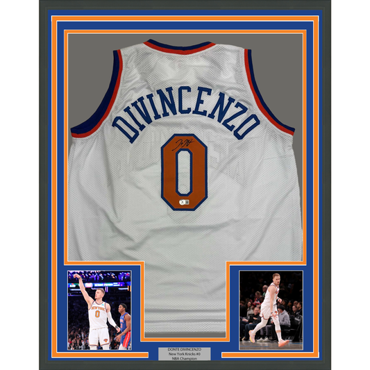 Framed Autographed/Signed Donte Divincenzo 35x39 New York White Basketball Jersey Beckett BAS COA