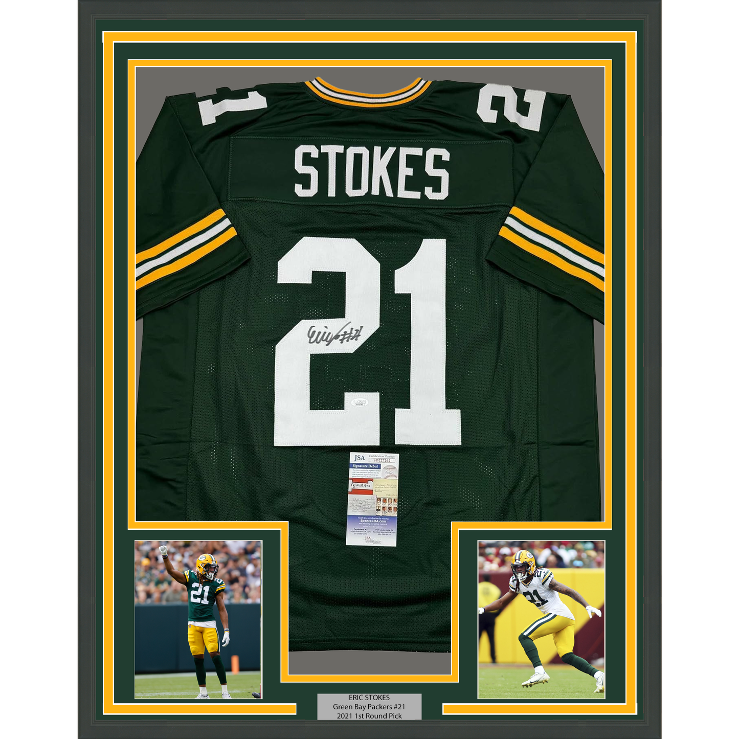 Framed Autographed/Signed Eric Stokes 35x39 Green Bay Green Football Jersey JSA COA