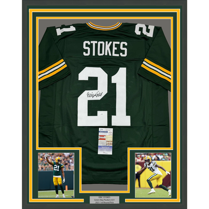 Framed Autographed/Signed Eric Stokes 35x39 Green Bay Green Football Jersey JSA COA
