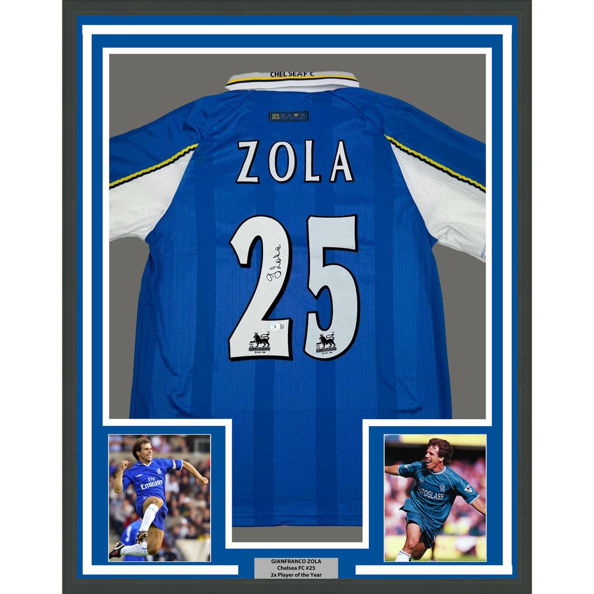 Framed Autographed/Signed Gianfranco Zola 35x39 Chelsea FC Blue Soccer Futbol Jersey Beckett BAS COA