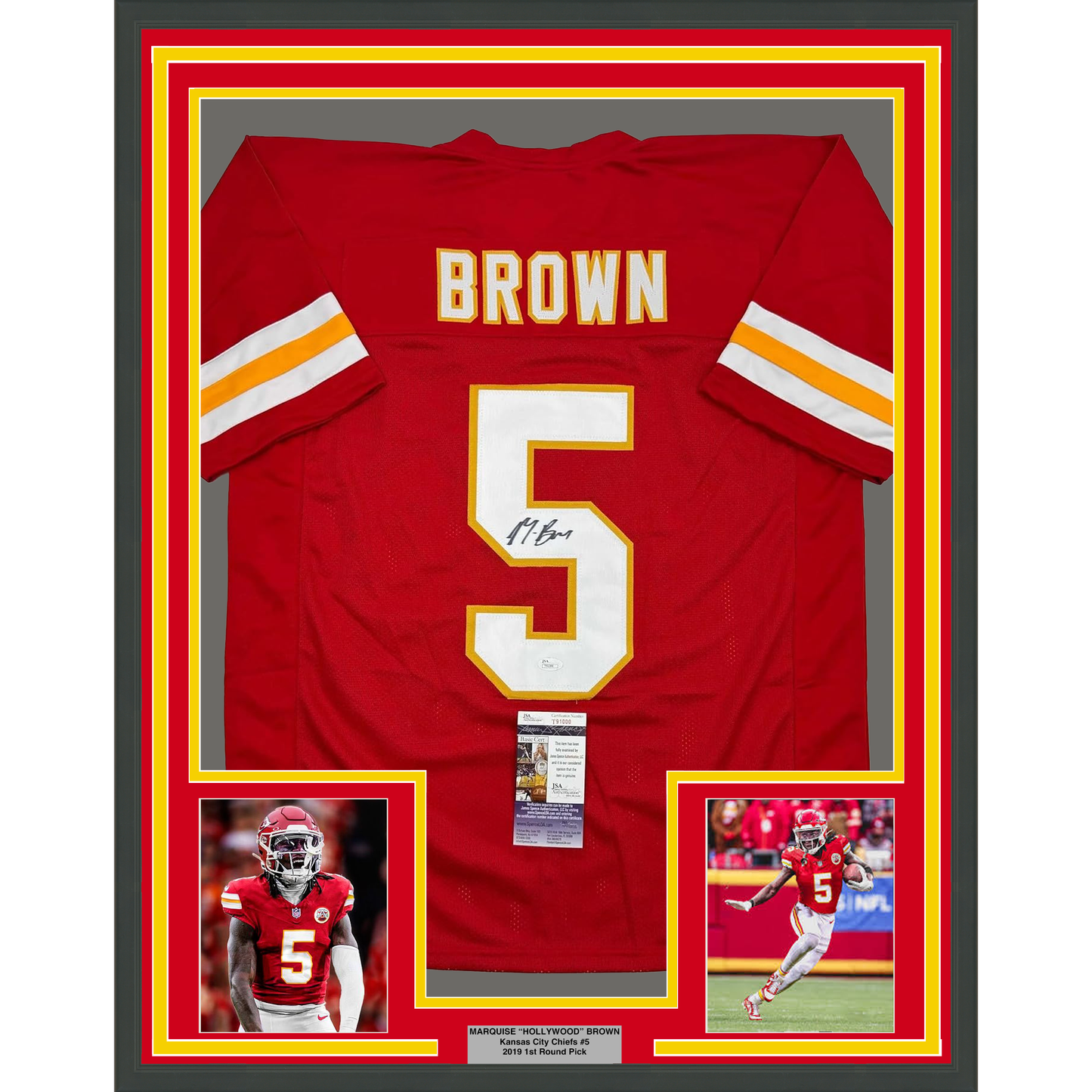 Framed Autographed/Signed Marquise Hollywood Brown 35x39 Kansas City Red Football Jersey JSA COA