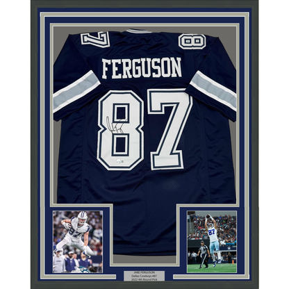 Framed Autographed/Signed Jake Ferguson 35x39 Dallas Blue Football Jersey Beckett BAS COA