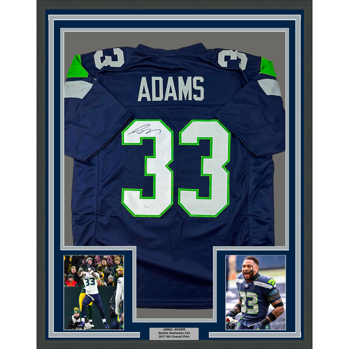 Framed Autographed/Signed Jamal Adams 35x39 Seattle Navy Blue Football Jersey JSA COA