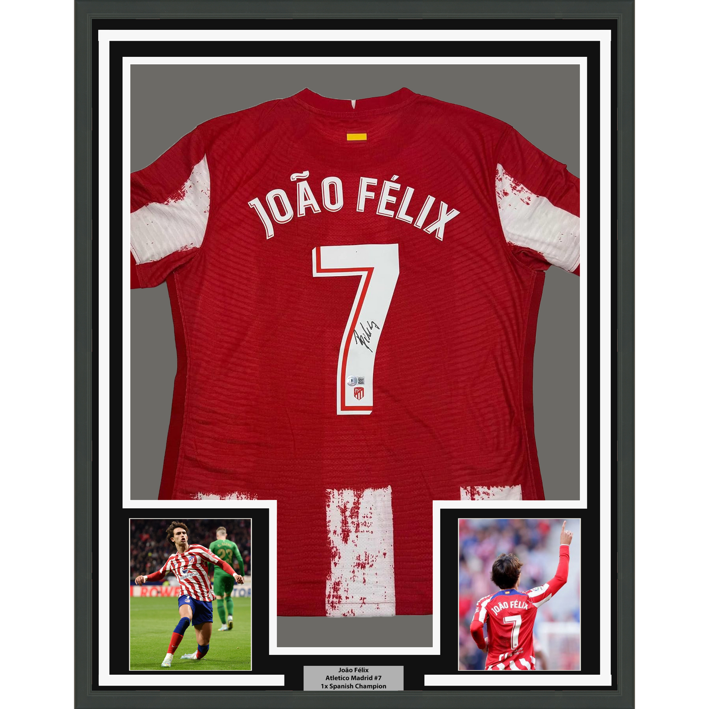Framed Autographed/Signed Joao Felix 35x39 Atletico Madrid Red Soccer Jersey Beckett BAS COA