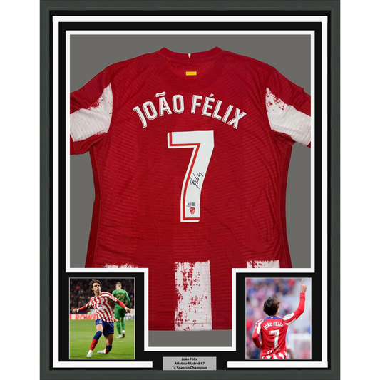Framed Autographed/Signed Joao Felix 35x39 Atletico Madrid Red Soccer Jersey Beckett BAS COA