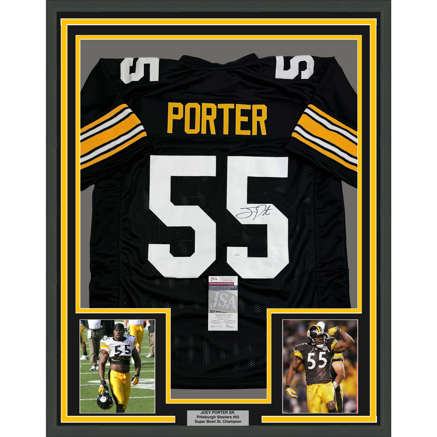 Framed Autographed/Signed Joey Porter Sr. 35x39 Pittsburgh Black Football Jersey JSA COA #2