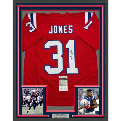 Framed Autographed/Signed Jonathan Jones 35x39 New England Red Football Jersey JSA COA