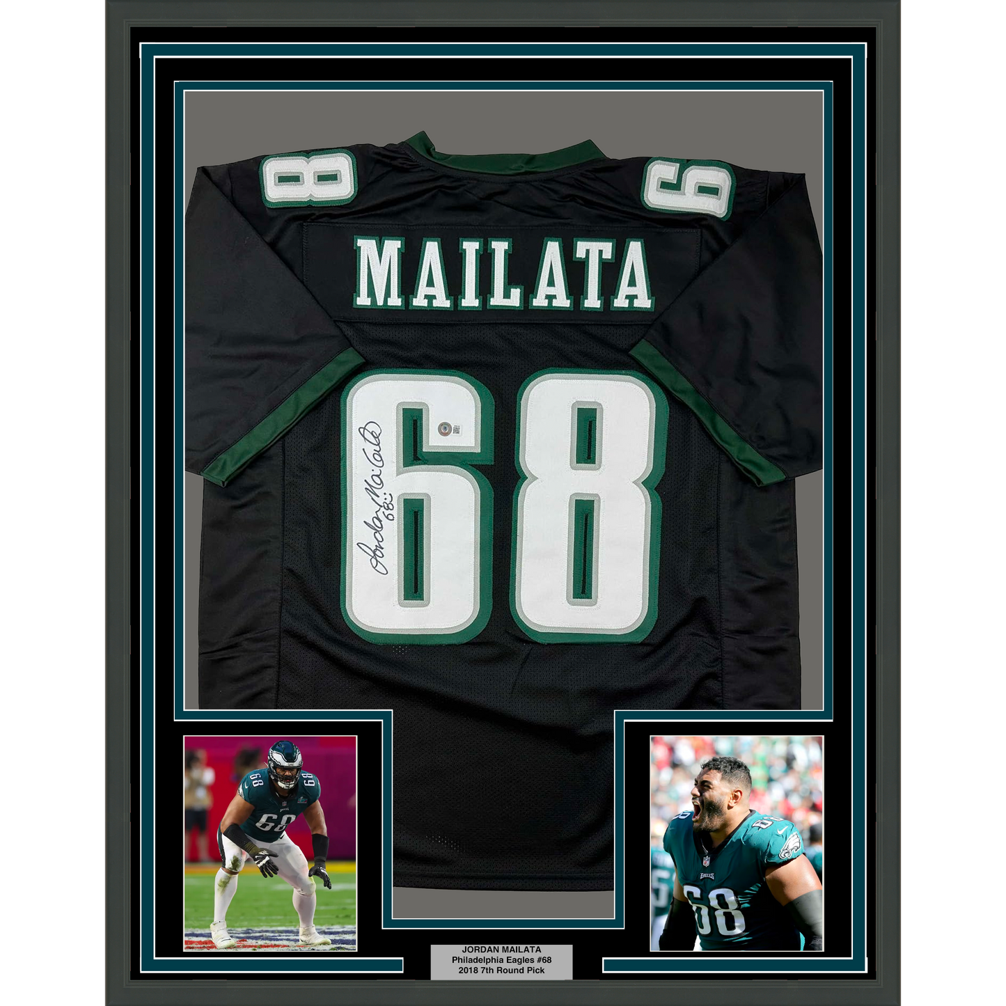 Framed Autographed/Signed Jordan Mailata 35x39 Philadelphia Black Football Jersey Beckett BAS COA