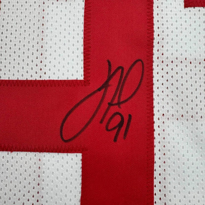 Framed Autographed/Signed Justin Tuck 35x39 New York White Football Jersey JSA COA