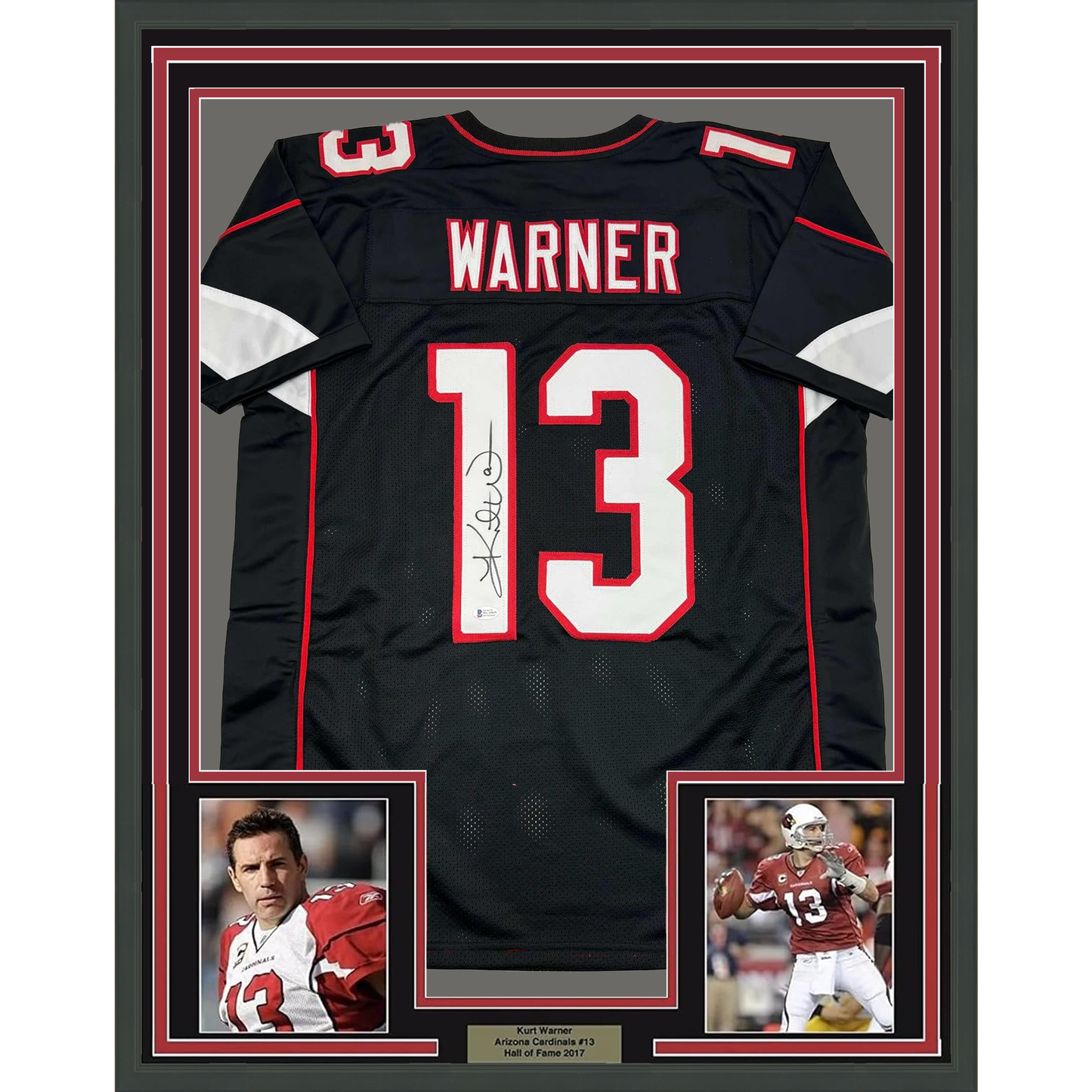 Framed Autographed/Signed Kurt Warner 35x39 Arizona Black Football Jersey Beckett BAS COA
