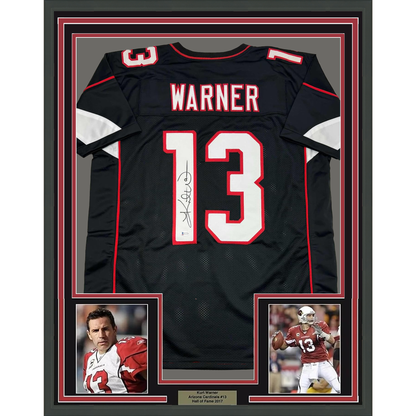 Framed Autographed/Signed Kurt Warner 35x39 Arizona Black Football Jersey Beckett BAS COA