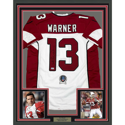 Framed Autographed/Signed Kurt Warner 35x39 Arizona White Football Jersey Beckett BAS COA